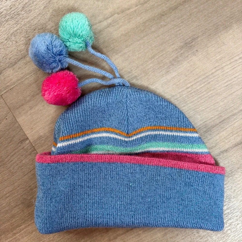Vintage 2004 Barbie Girls Blue Knit Pom Pom Beanie Hat Glitter Stripe Butterfly